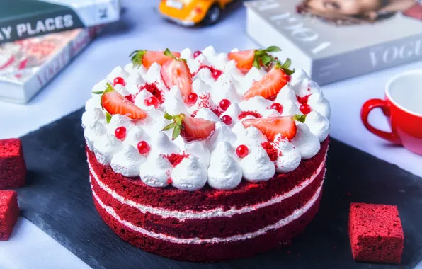 Berries, books, cream, strawberry, cake, decoration, layers, cream