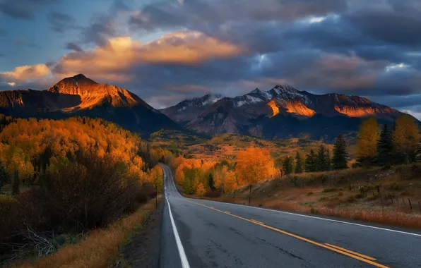 Road, sunset, mountains