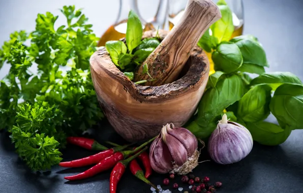 Greens, pepper, parsley, spices, garlic, mortar, Basil