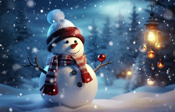 Winter, snow, New Year, Christmas, snowman, happy, Christmas, night