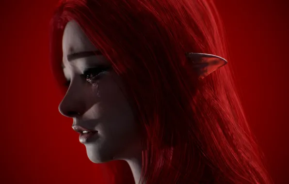 Look, Elf, Art, Red Hair, Tears, Red background