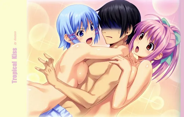 Hugs, guy, nudity, three, blue hair, shock, tropical kiss, visual novel