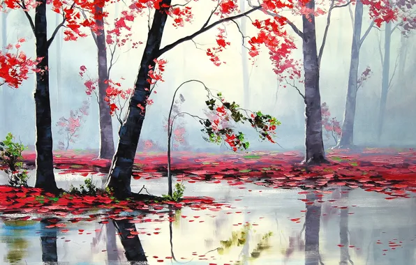 Autumn, trees, red, river, art