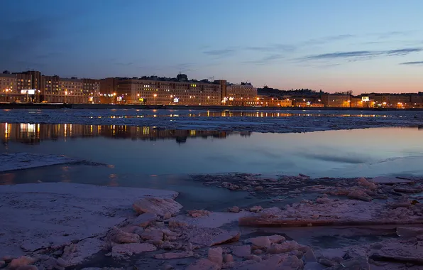 Ice, winter, the city, river, the evening, Neva