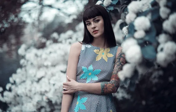 Dress, brunette, tattoo, tattoo, bangs