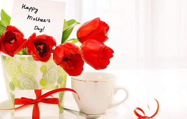 Flowers, gift, Cup, tulips, red