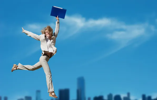 The sky, girl, the sun, flight, joy, pose, smile, background