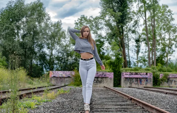 Picture girl, background, rails