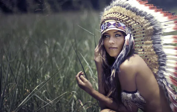 Picture grass, look, girl, blur, feathers, headdress