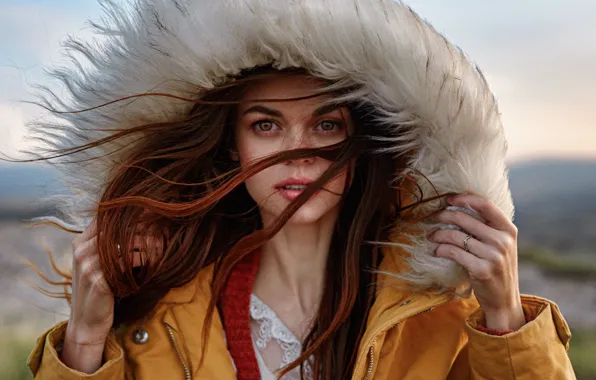 Look, girl, face, the wind, portrait, hood, red, redhead