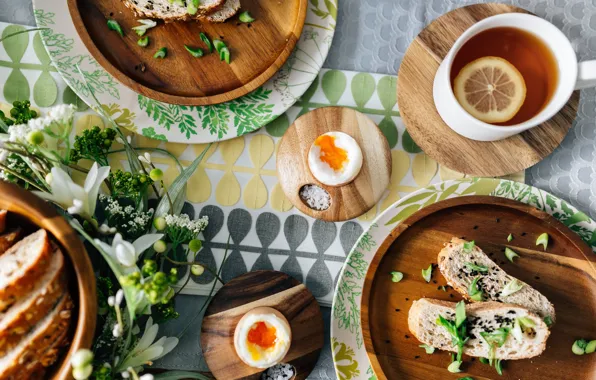 Greens, flowers, table, lemon, tea, eggs, Breakfast, bow