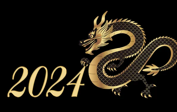 Style, dragon, figures, New year, symbol, gold, black background, gold