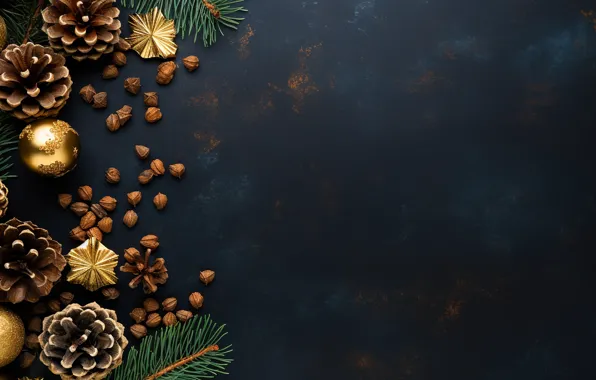 Balls, branches, Christmas, New year, gold plated, needles, bumps, gold