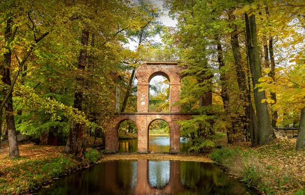 Picture reflection, Trees, River, Poland, Poland, Roman-style aqueduct, Arcadia Park, Roman inspired aqueduct