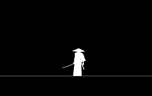 Picture sword, minimalism, weapon, hat, line, katana, man, black background