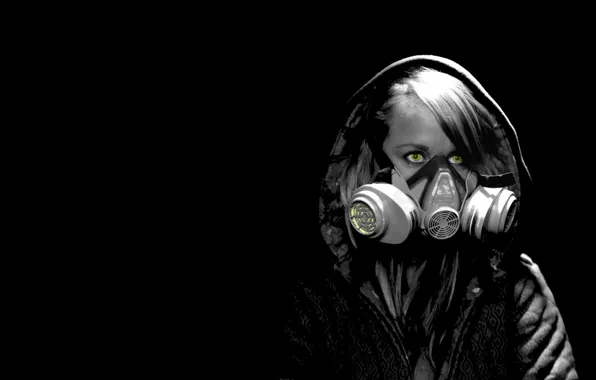 Picture darkness, gas mask, Woman, yellow eyes, post Apocalypse