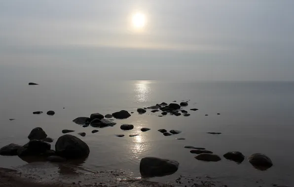 Picture sea, the sun, stones, haze