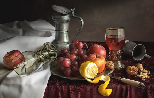 Wine, lemon, Apple, glasses, grapes, fruit, nuts, still life