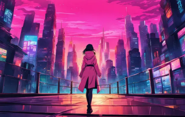 Picture girl, pink, skyscrapers, neon, a solitary figure, Cyberpunk City, fantastic art, pink sky