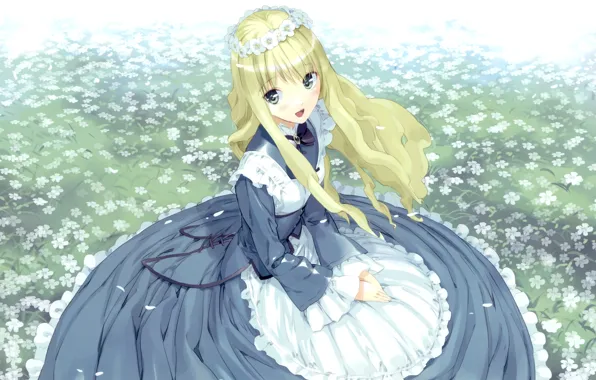 Girl, wreath, art, apron, alice in wonderland, blue dress, flower garden, ueda ryou