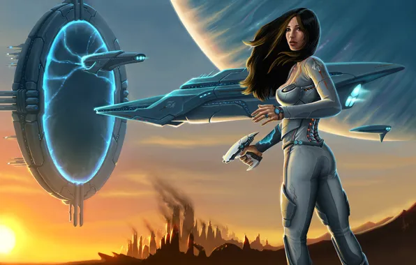 Weapons, ship, planet, Girl, the portal, costume