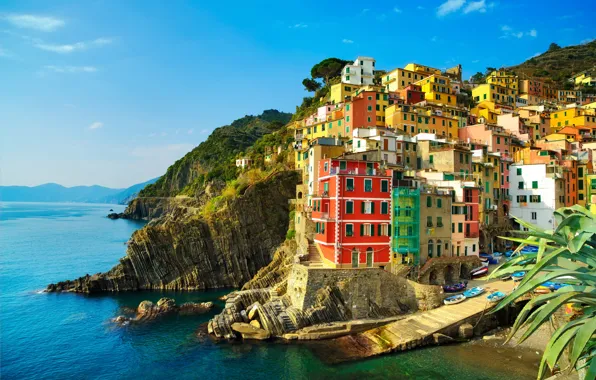 Sea, rocks, coast, home, Italy, Manarola, Liguria