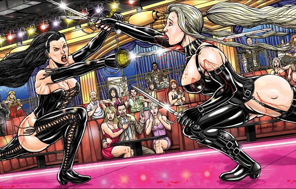 Blood, Latex, crowd, blonde, stiletto, tight clothing, duelists, death e