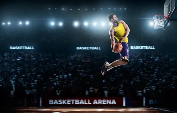 Lights, mesh, jump, the game, shorts, the ball, tattoo, t-shirt