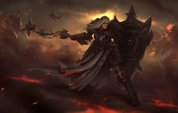 Picture girl, weapons, monster, art, shield, Diablo III, Reaper of Souls, Crusader