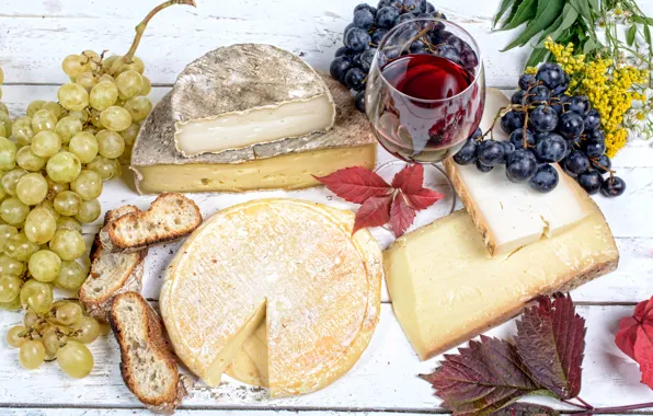 Leaves, wine, glass, cheese, bread, grapes, wine, grapes