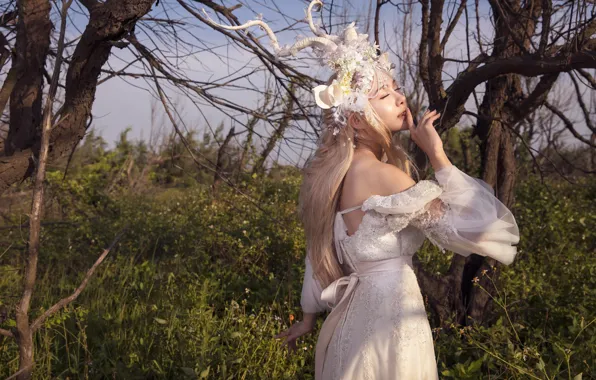 Girl, trees, branches, nature, face, style, hand, portrait