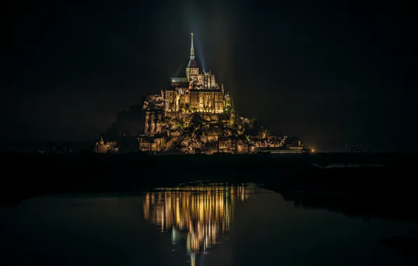 Night, reflection, France, island, lighting, Mont-Saint-Michel