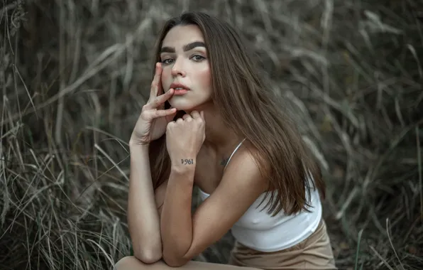 Grass, look, model, skirt, portrait, hands, makeup, tattoo