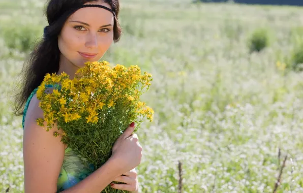 Field, summer, flowers, bouquet, meadow, beauty, model, Maria Shvets