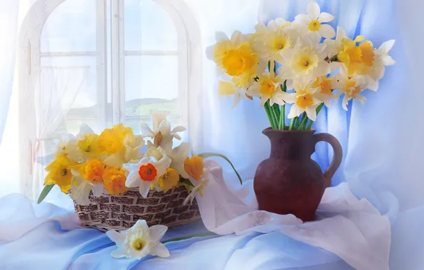Wallpaper flowers, still life, vase, bouquet, daffodils
