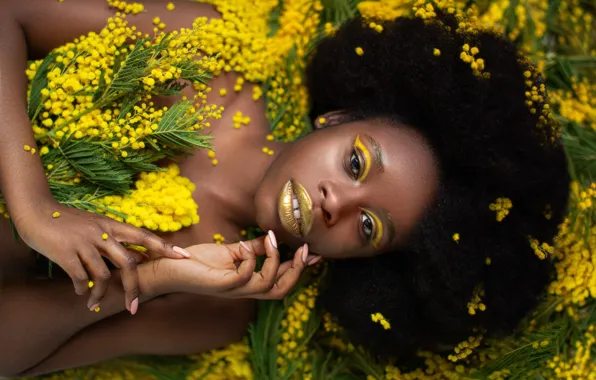 Girl, flowers, black, black woman, Mimosa, Alexandra Savenkova