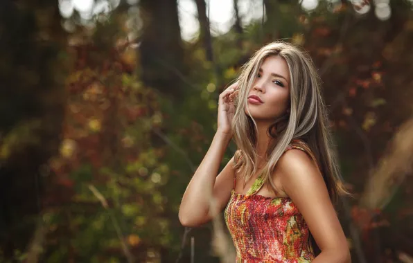 Wallpaper look, trees, model, portrait, makeup, dress, hairstyle ...