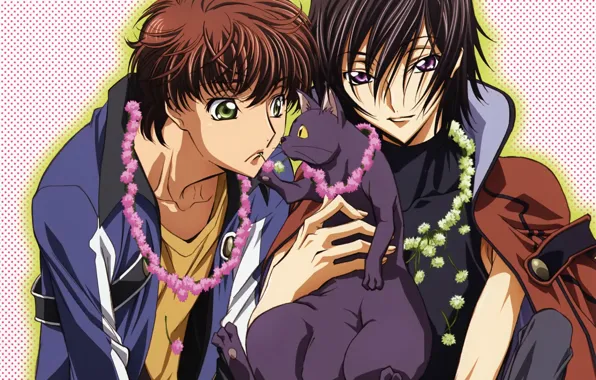 Flowers, black cat, code geass, code geass, wreaths, suzaku kururugi, lelouche lamperouge, by takahiro himura