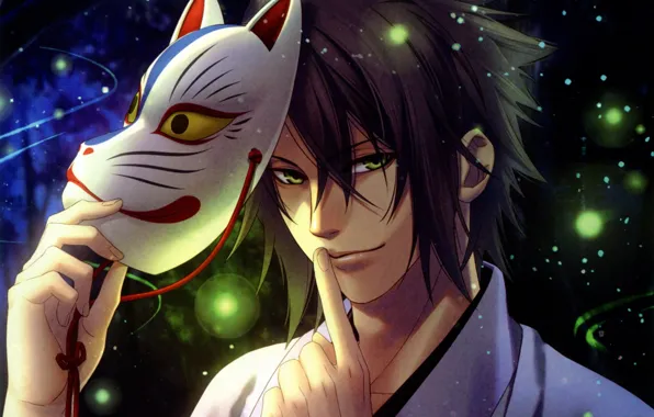 Night, smile, fireflies, mask, guy, kimono, gesture, green eyes