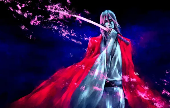 Picture background, sword, katana, art, guy, cloak, bleach, kuchiki byakuya