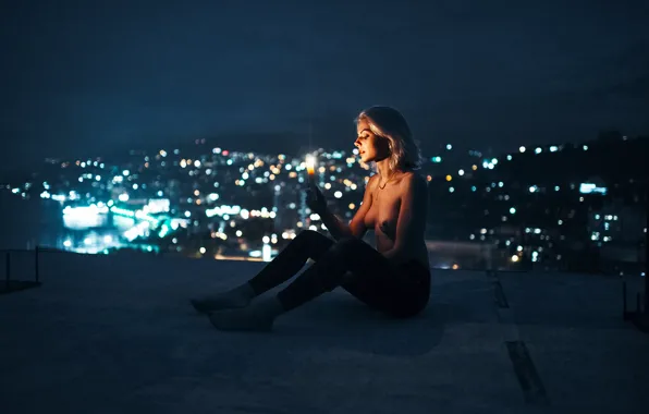Girl, Light, Candle, Sexy, Boobs, Night, View, Hair