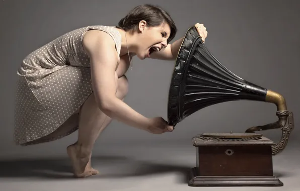 Girl, background, gramophone