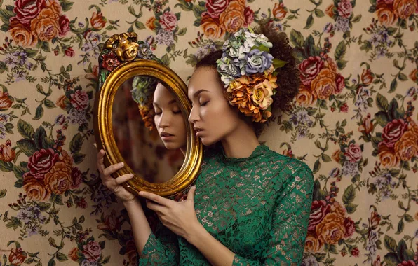 Picture girl, flowers, face, style, reflection, mood, mirror, lace