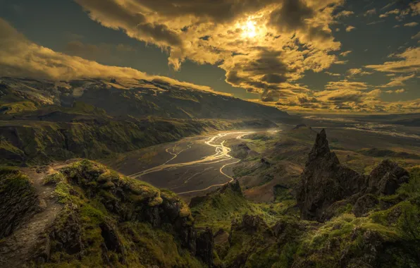 The sky, the sun, clouds, mountains, river, stones, rocks, view