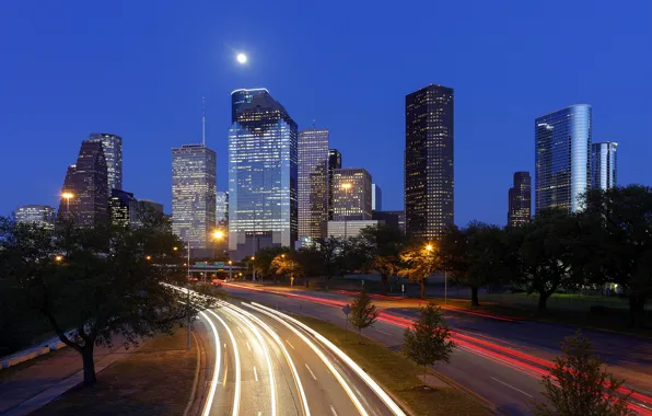 Road, trees, lights, building, home, the evening, lights, USA