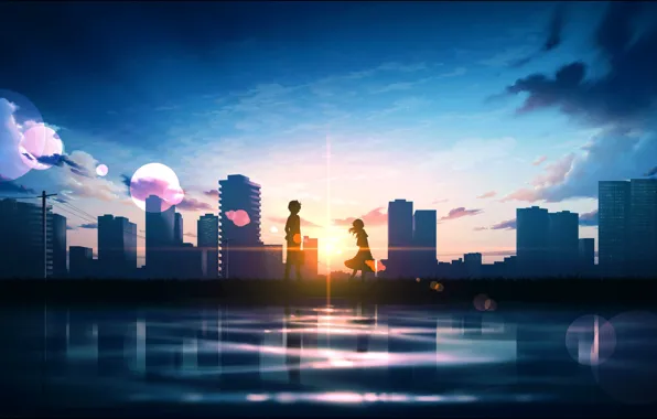 The sun, sunset, the city, students