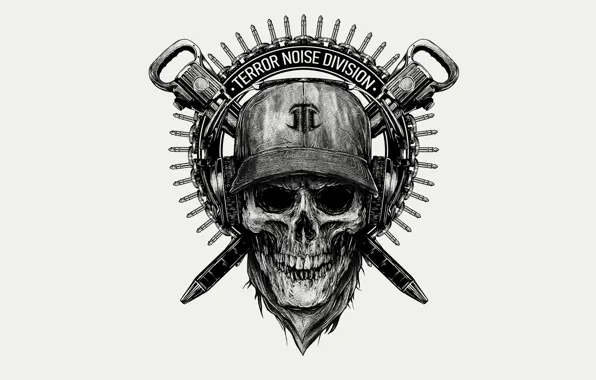 Figure, skull, headphones, chain, cap, print, terror noise division, jackhammer