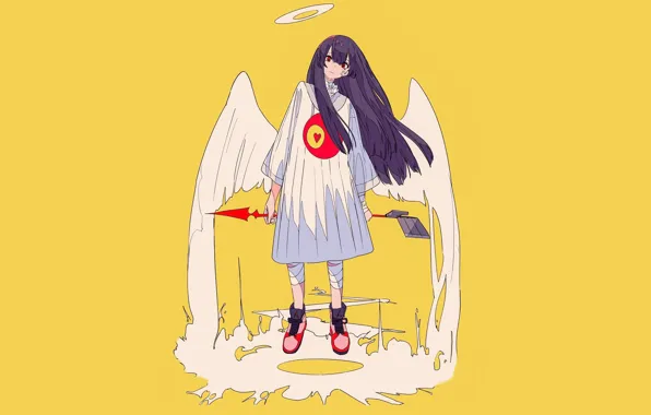 Picture girl, wings, art, angel, anime, yellow background
