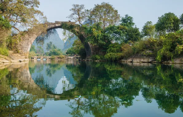 Trees, bridge, lake, reflection, round, arch