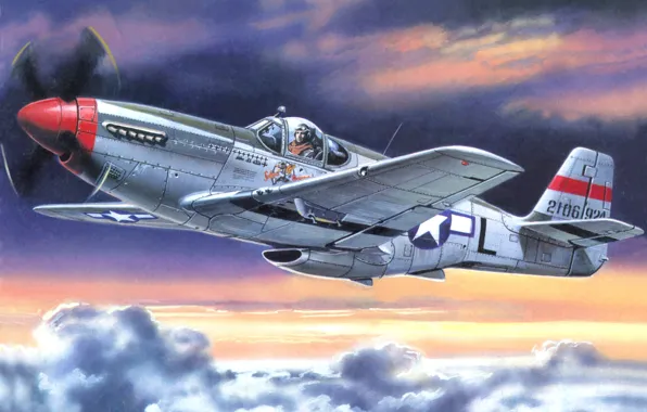 The sky, clouds, the plane, figure, art, American, WW2, P-51S